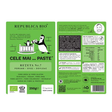Paste eco, fara gluten, din porumb, ovaz, dovleac Reteta nr. 7, 250 g, Republica Bio 702292