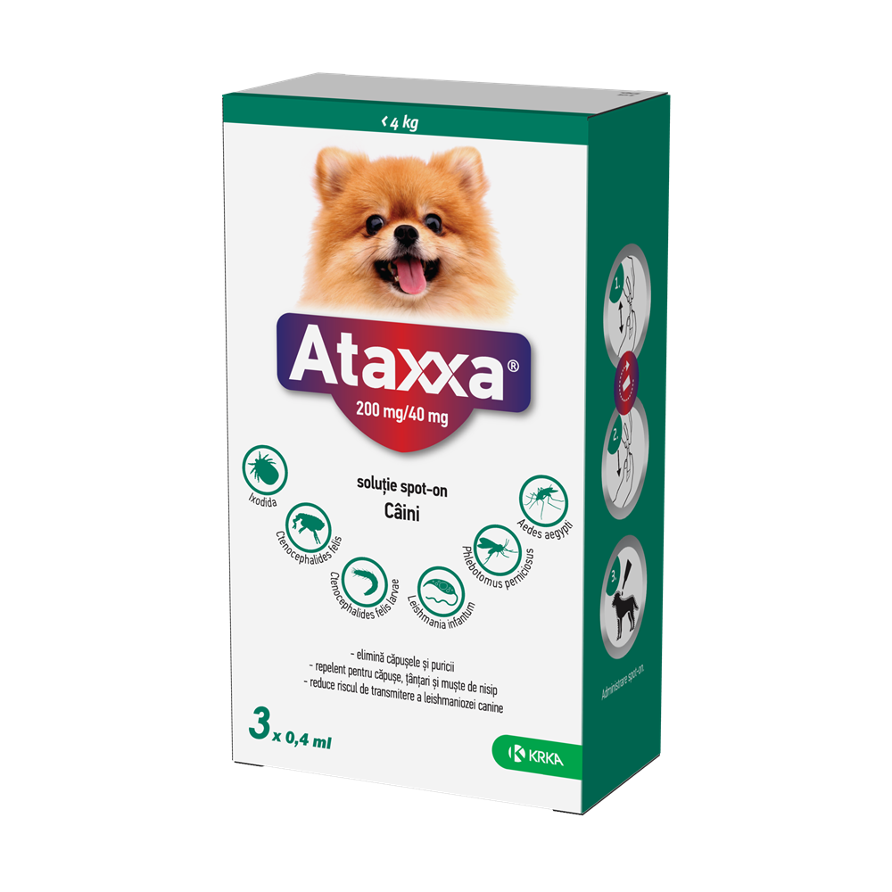 Antiparazitar extern pentru caini <4 Kg, 200mg/40mg, 3 pipete x 0.4 ml, Ataxxa 40