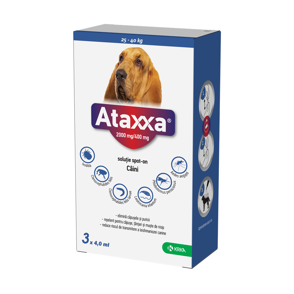 Antiparazitar extern pentru caini >25 Kg, 2000mg/400mg, 3 pipete x 4 ml, Ataxxa 400