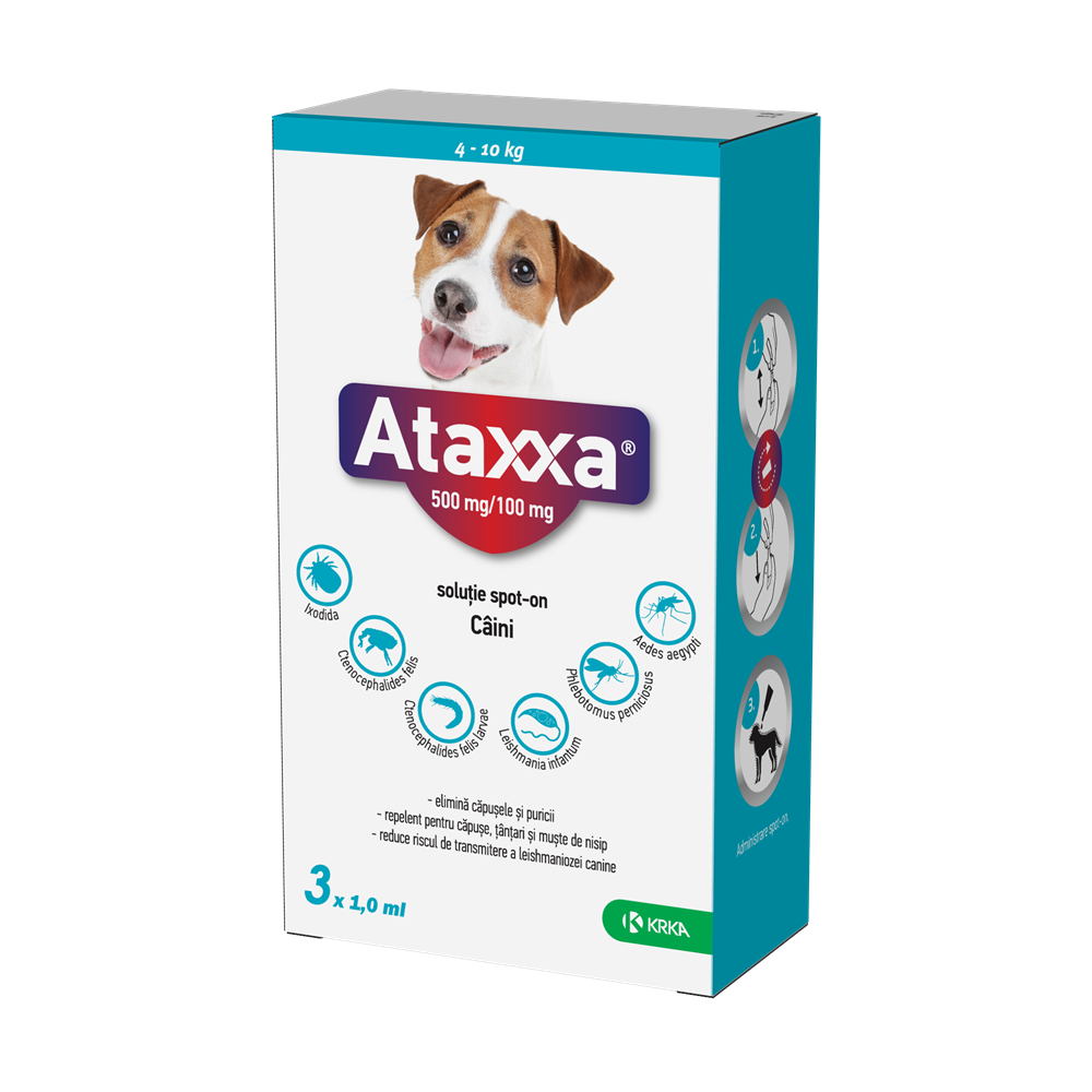 Antiparazitar extern pentru cain 4-10 Kg, 500mg/100mg, 3 pipete x 1 ml, Ataxxa 100