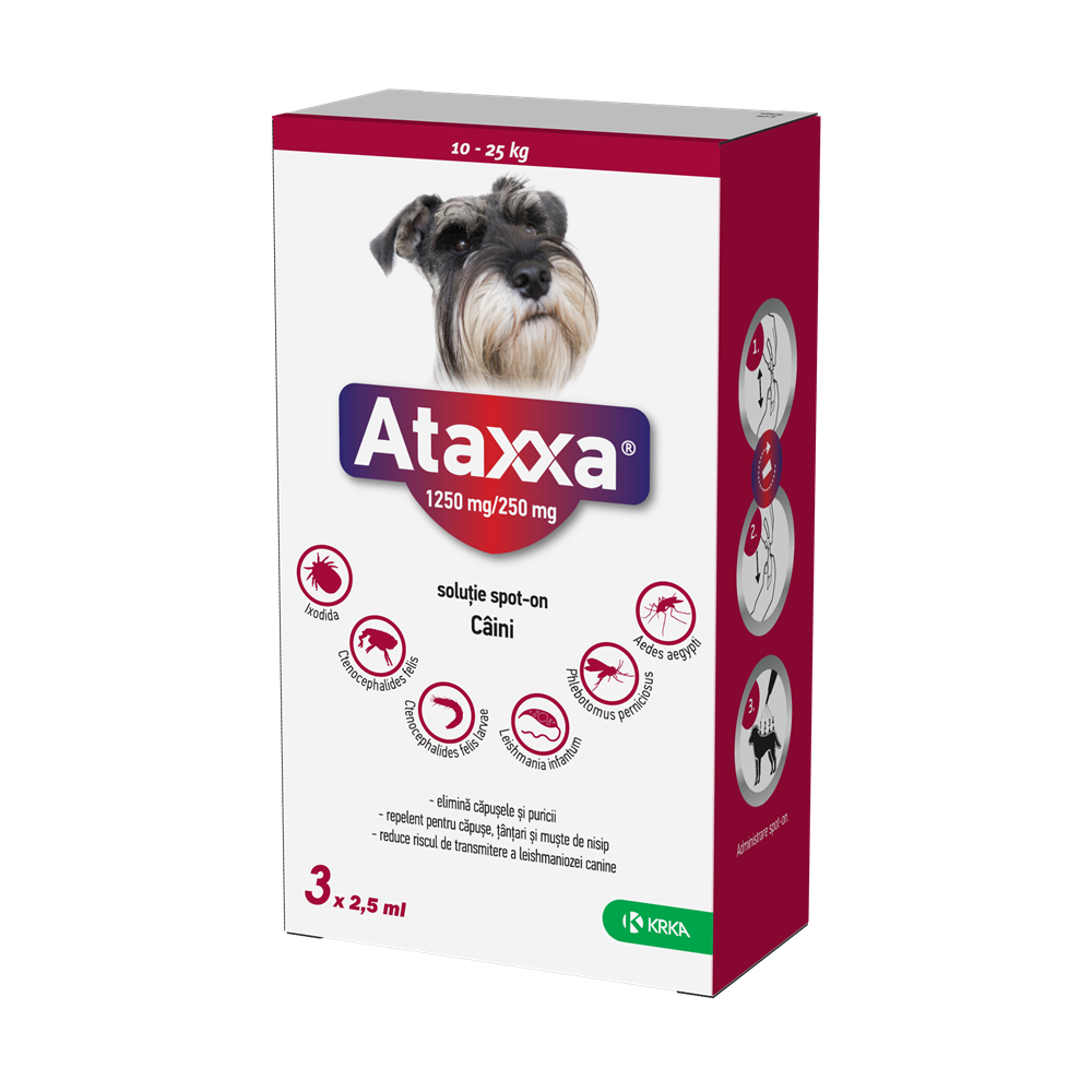 Antiparazitar extern pentru caini 10-25 Kg, 1250mg/250mg, 3 pipete x 2.5 ml, Ataxxa 250