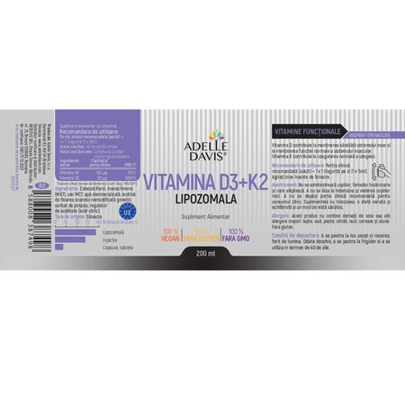 Vitamina D3 cu K2 Lipozomala, 200 ml, Adelle Davis 704966