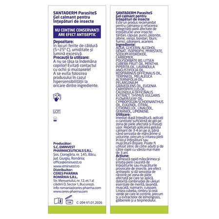 Gel calmant pentru intepaturi de insecte Parasites Santaderm, 30 ml, Viva Pharma 739414