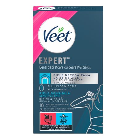 Benzi depilatoare pentru corp piele sensibila, 16 bucati 3 servetele, Veet