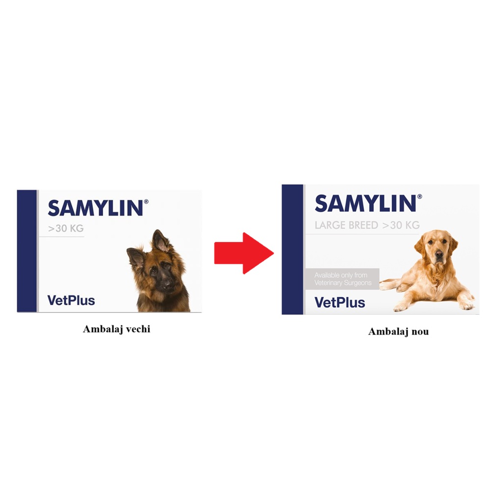 Supliment nutraceutical pentru mentinerea sanatatii ficatului la caini de talie mare >30 kg Samylin Large Breed, 30 tablete, VetPlus