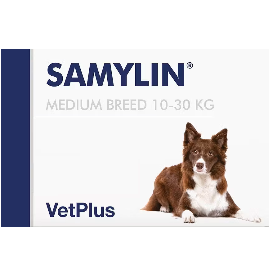 Supliment nutraceutical pentru menținerea sănătății ficatului la caini de talie medie 10-30 kg Samylin Medium Breed, 30 tablete, VetPlus