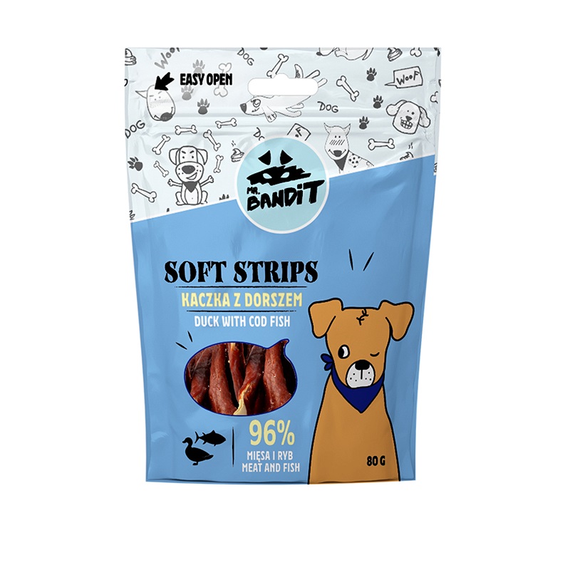 Recompense cu rata si cod pentru caini Soft Strips, 500 g, Mr. Bandit