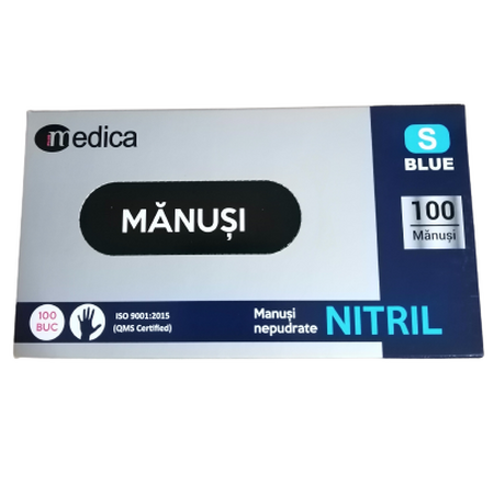 Manusi Nitril nepudrat albastre, S, 100 bucati, Medica