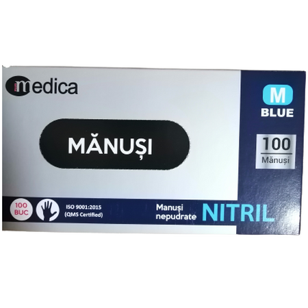 Manusi Nitril nepudrat albastre, Marimea M, 100 bucati, Medica