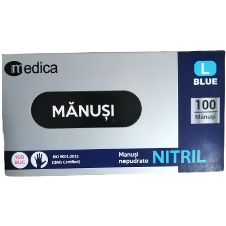 Manusi Nitril nepudrat albastre, Marimea L, 100 bucati, Medica
