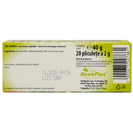 Ceai verde ghimbir 30%, 20 plicuri, Belin 588771