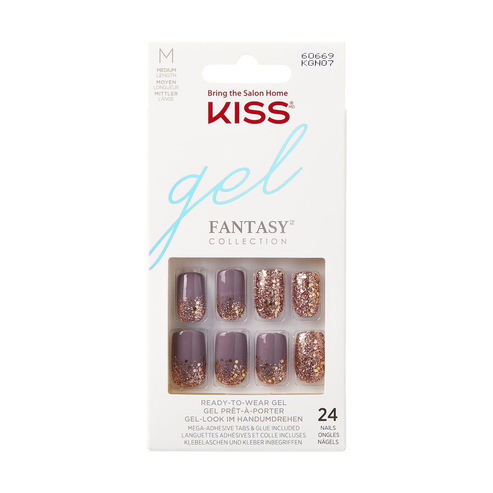 Unghii false Gel Fantasy Glitter, Krush Hour Medium Squoval, 24 bucati, Kiss