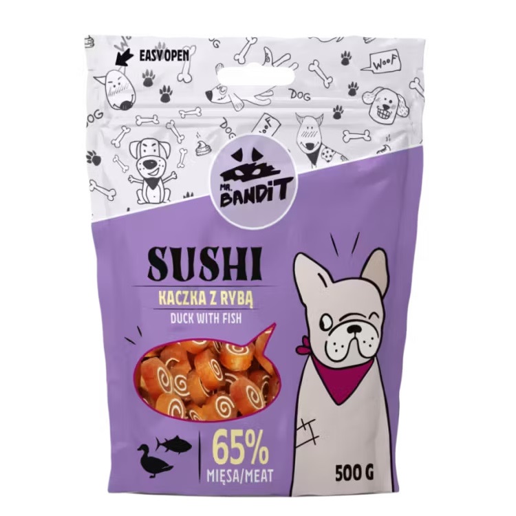 Recompense cu rata si peste pentru caini Sushi, 500 g, Mr. Bandit