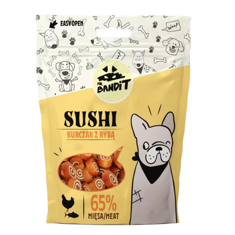 Recompense cu pui si peste pentru caini Sushi, 80 g, Mr. Bandit