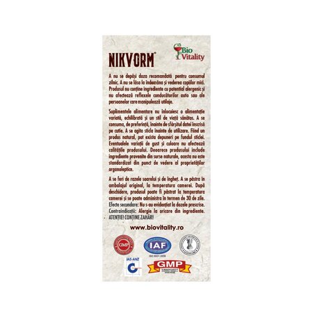 Sirop pentru eliminarea parazitilor intestinali Nikvorm, 60 ml, Bio Vitality 703976