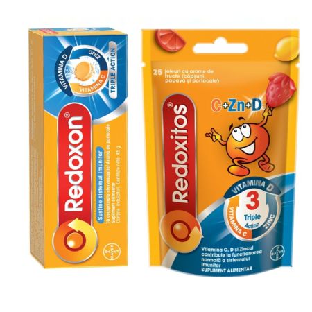 Pachet Redoxon Triple Action Vitamina C, D si Zinc, 10 comprimate + Jeleuri cu vitamina C 30 mg Redoxitos Triple Action, 25 bucati, Bayer