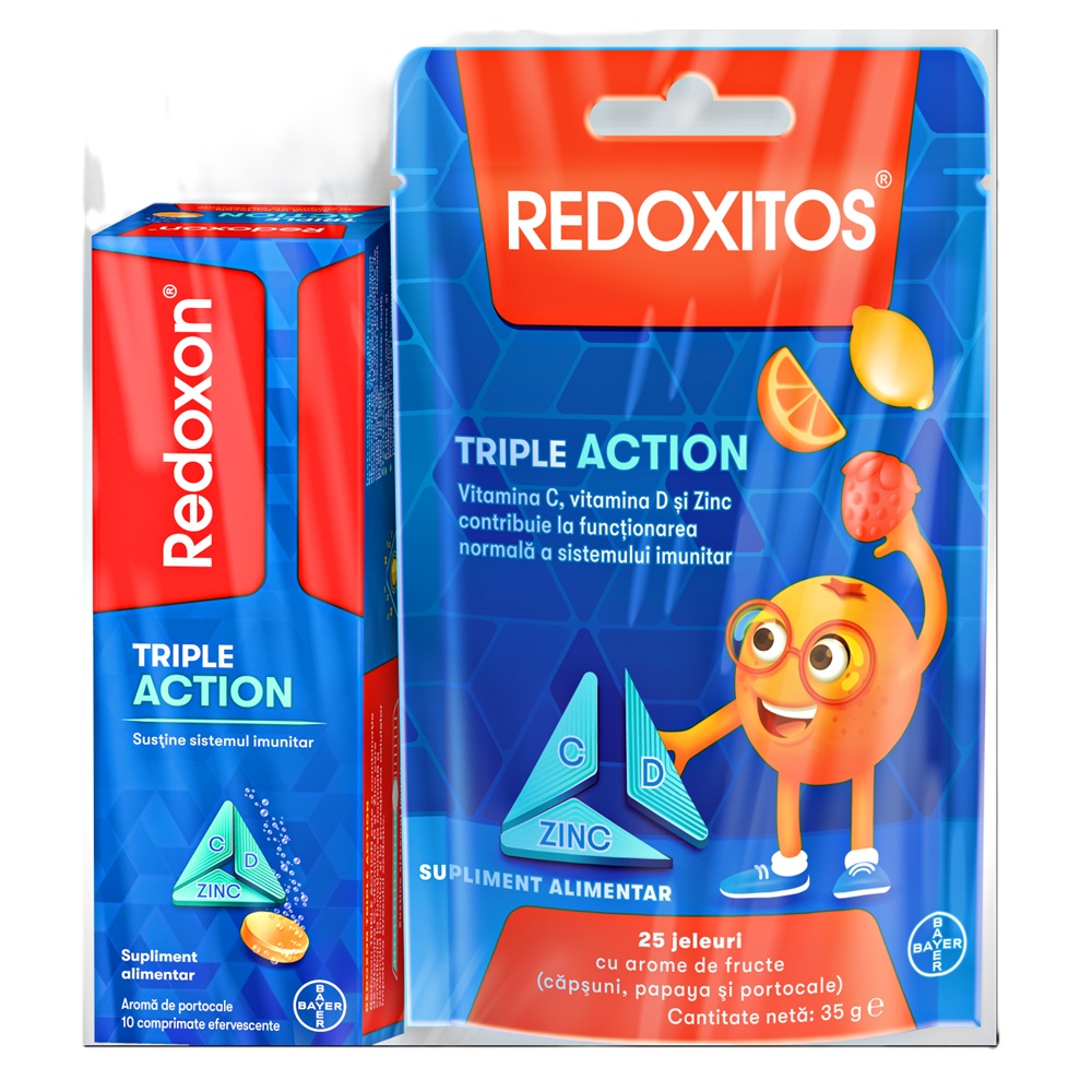 Pachet Redoxon Triple Action Vitamina C, D si Zinc, 10 comprimate + Jeleuri cu vitamina C 30 mg Redoxitos Triple Action, 25 bucati, Bayer