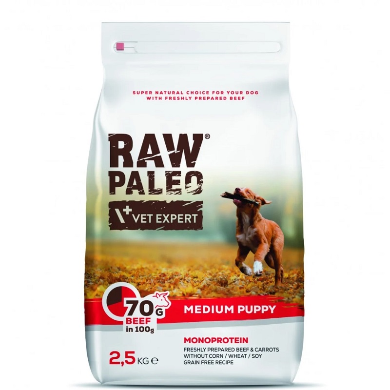 Hrana uscata cu carne de vita pentru caini Raw Paleo Beef Puppy Medium, 2,5 kg, VetExpert