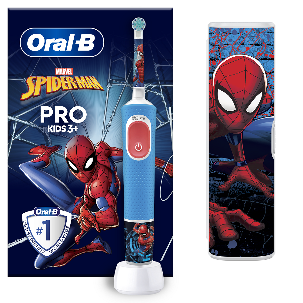 Periuță de dinți electrică + trusă de călătorie Vitality Pro Kids Spider-Man, pentru copii 3+ ani, Oral-B