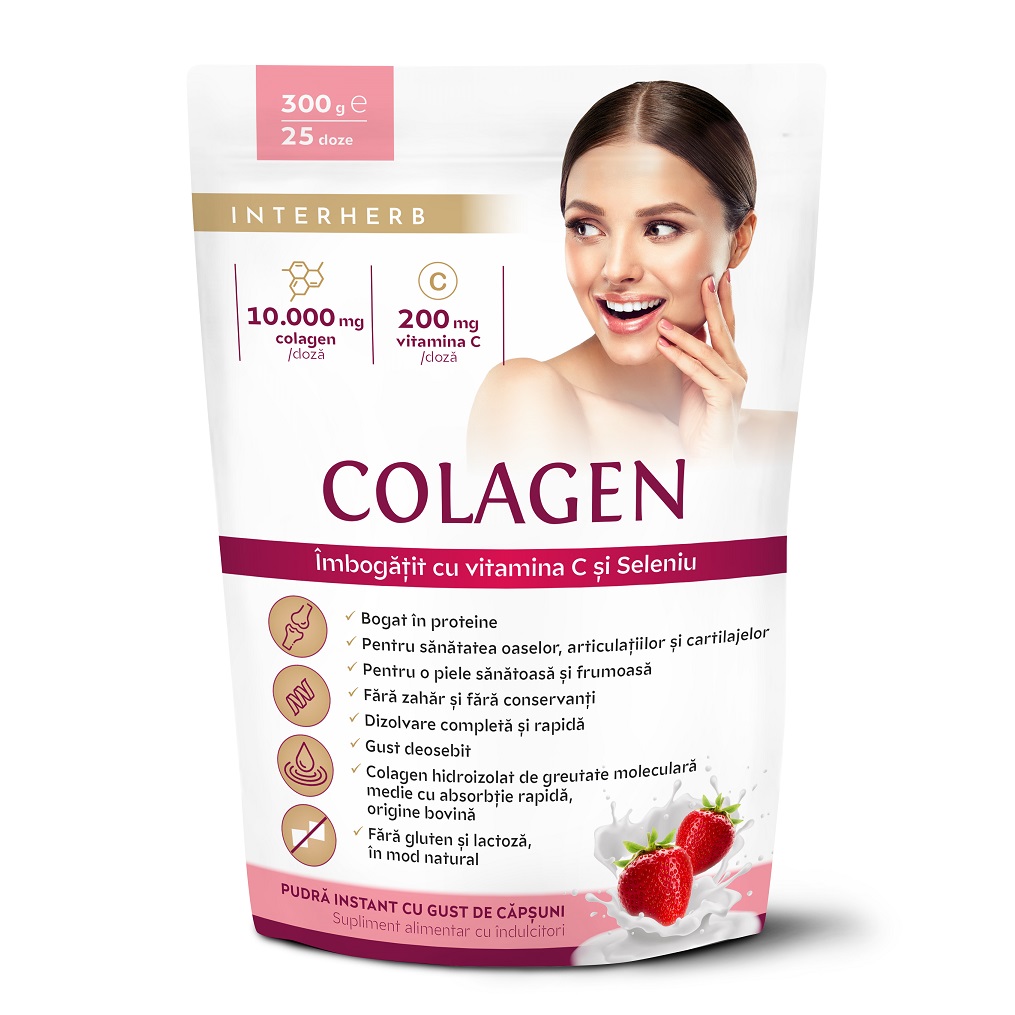 Pulbere instant de colagen cu gust de capsuni Shake, 300 g, Interherb