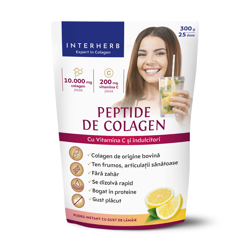Pudra instant cu Peptide de colagen cu gust de lamaie, 300 g, Interherb