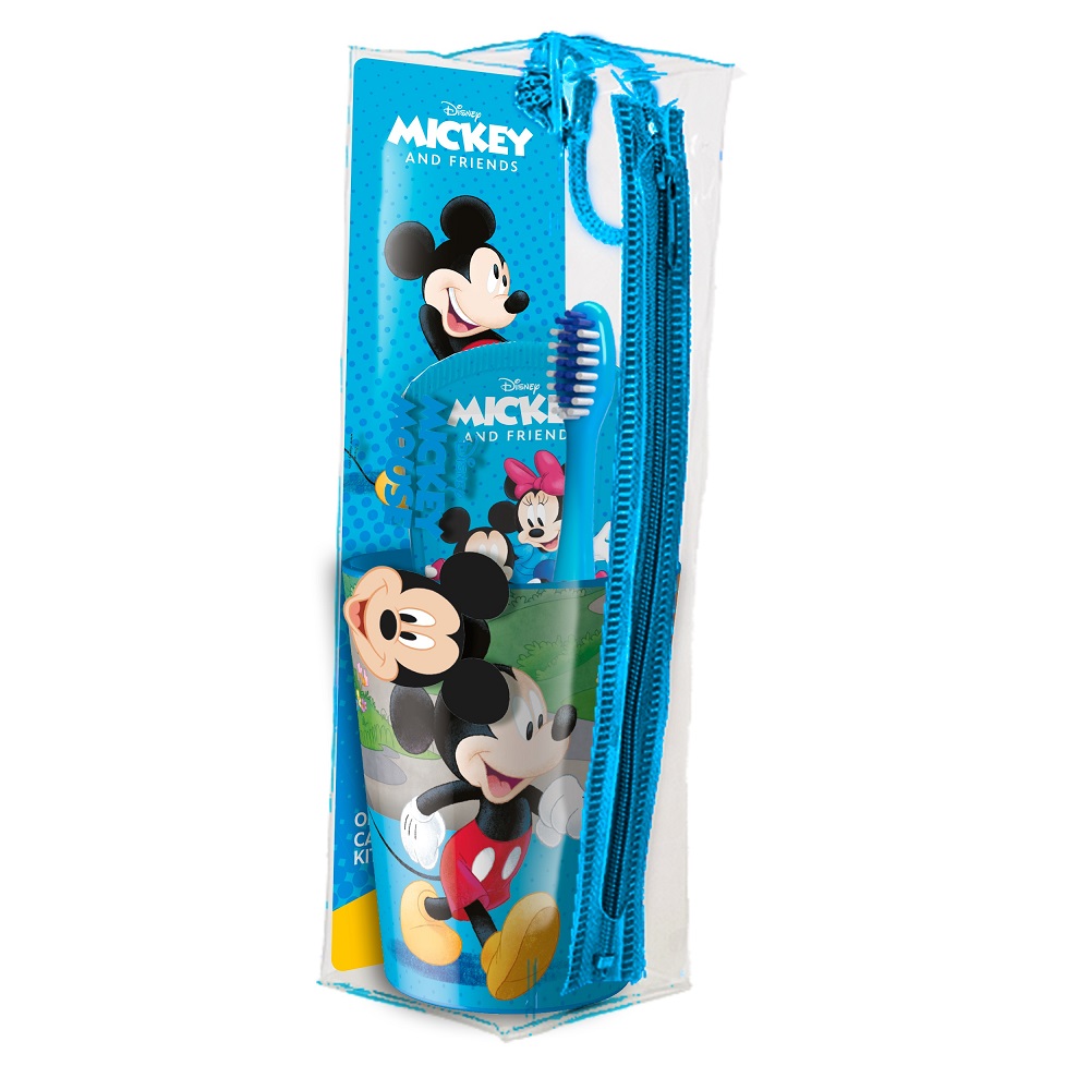 Set voiaj Periuta + Pahar + Pasta cu aroma de menta pentru copii Mickey Mouse, +3ani, Mr White