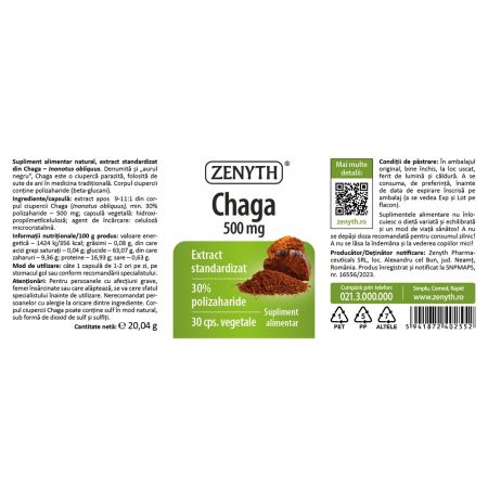 Chaga, 500 mg, 30 capsule vegetale, Zenyth 702958