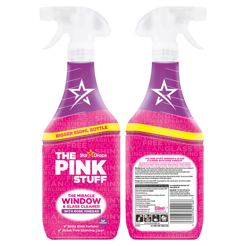 Spray de curatare geamuri cu otet din trandafiri The Miracle Window & Glass Cleaner, 850 ml, The Pink Stuff