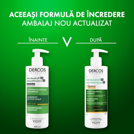 Sampon antimatreata pentru par uscat si scalp cu senzatie de mancarime, 390 ml, Vichy 747986