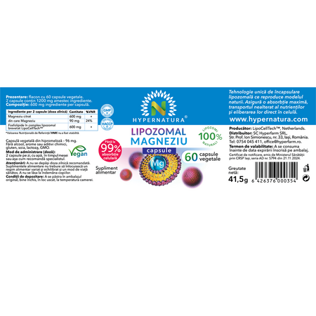 Lipozomal Magneziu, 60 capsule vegetale, Hypernatura 703994