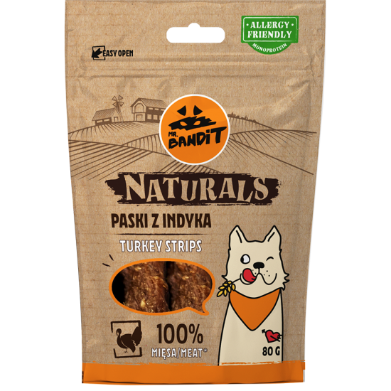 Recompense cu curcan pentru caini Turkey Strips Naturals, 80 g, Mr. Bandit