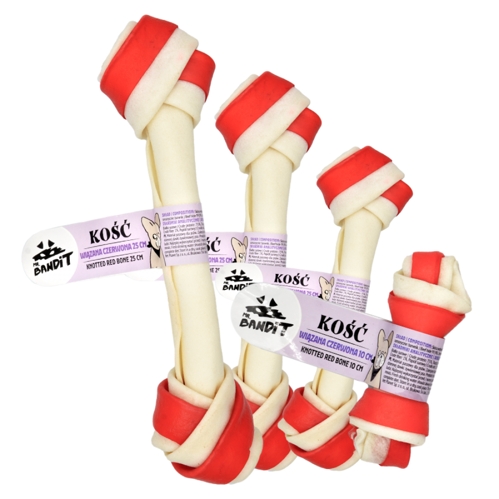 Recompensa din piele de vita pentru caini Knotted Bone Red, 1 bucata x 10 cm, Mr.Bandit