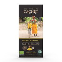 Ciocolata amaruie bio cu bucati de cocos si ananas, 100 g, Cachet
