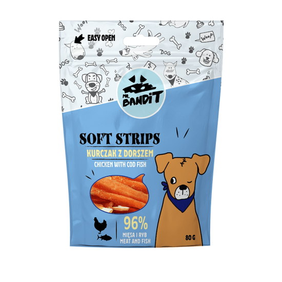 Recompense cu pui si cod pentru caini Soft Strips, 80 g, Mr. Bandit