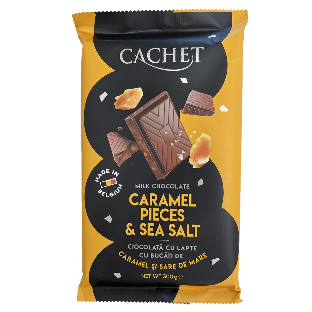 Ciocolata cu lapte cu bucati de caramel si sare de mare, 300 g, Cachet