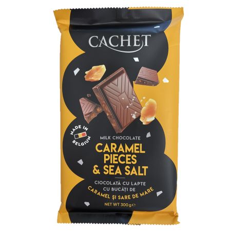 Ciocolata cu lapte cu bucati de caramel si sare de mare, 300g, Cachet