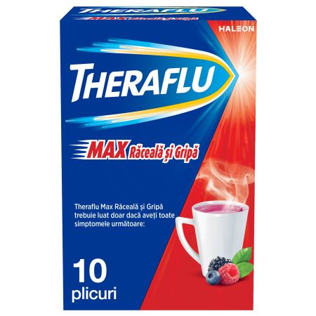 Theraflu Max Raceala si Gripa, 1000 mg/10 mg/70 mg pulbere pentru solutie orala, 10 plicuri, Gsk