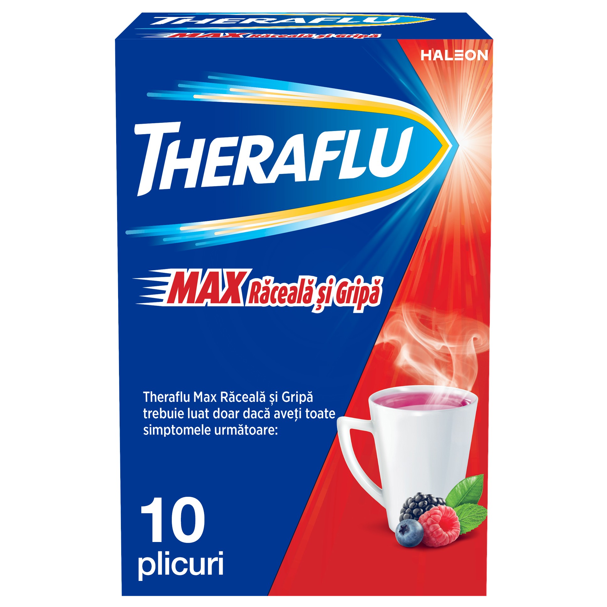 Theraflu Max Raceala si Gripa, 1000 mg/10 mg/70 mg pulbere pentru solutie orala, 10 plicuri, Haleon
