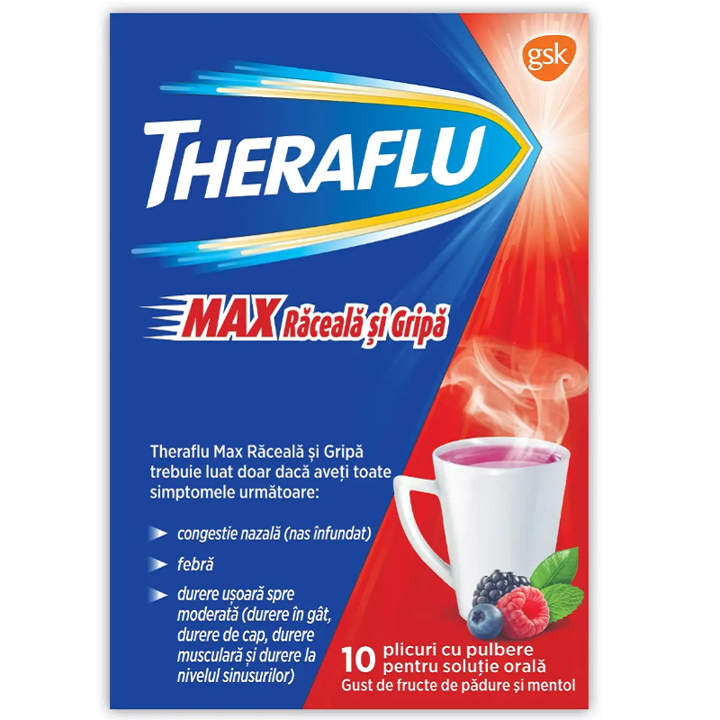 Theraflu Max Raceala si Gripa, 1000 mg/10 mg/70 mg pulbere pentru solutie orala, 10 plicuri, Gsk