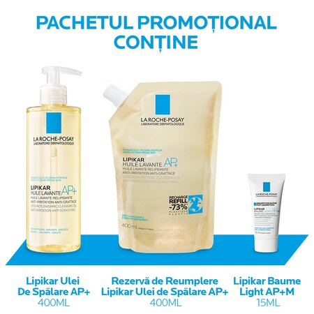 Pachet Ulei de spalare Lipikar AP+, 400 ml + Rezerva, 400 ml + Balsam Lipikar Baume Light AP+M, 15 ml, La Roche-Posay 666222