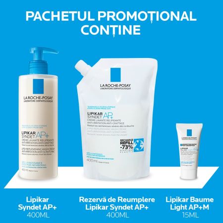 Pachet Crema de spalare Lipikar Syndet AP+, 400 ml + Rezerva, 400 ml + Balsam Lipikar Baume Light AP+M, 15 ml, La Roche-Posay 666215