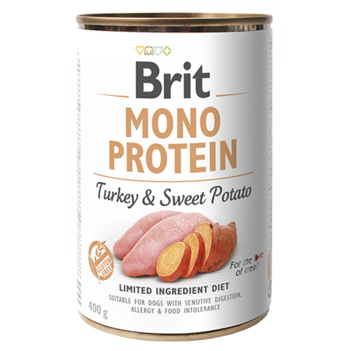 Hrana umeda cu curcan si cartof dulce pentru caini Mono Protein, 400 g, Brit