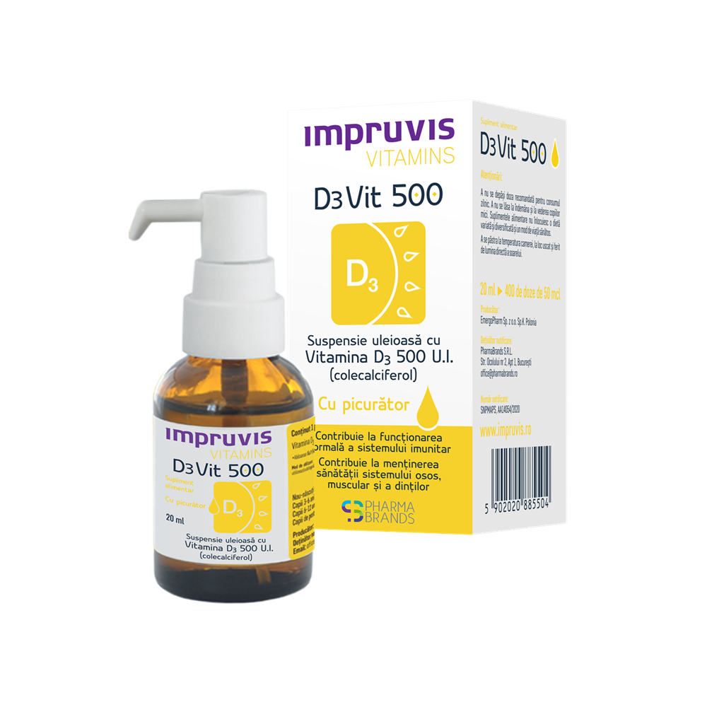 Suspensie uleioasa cu Vitamina D3 500 U.I. picaturi impruvis D3Vit, 20 ml, Pharma Brands