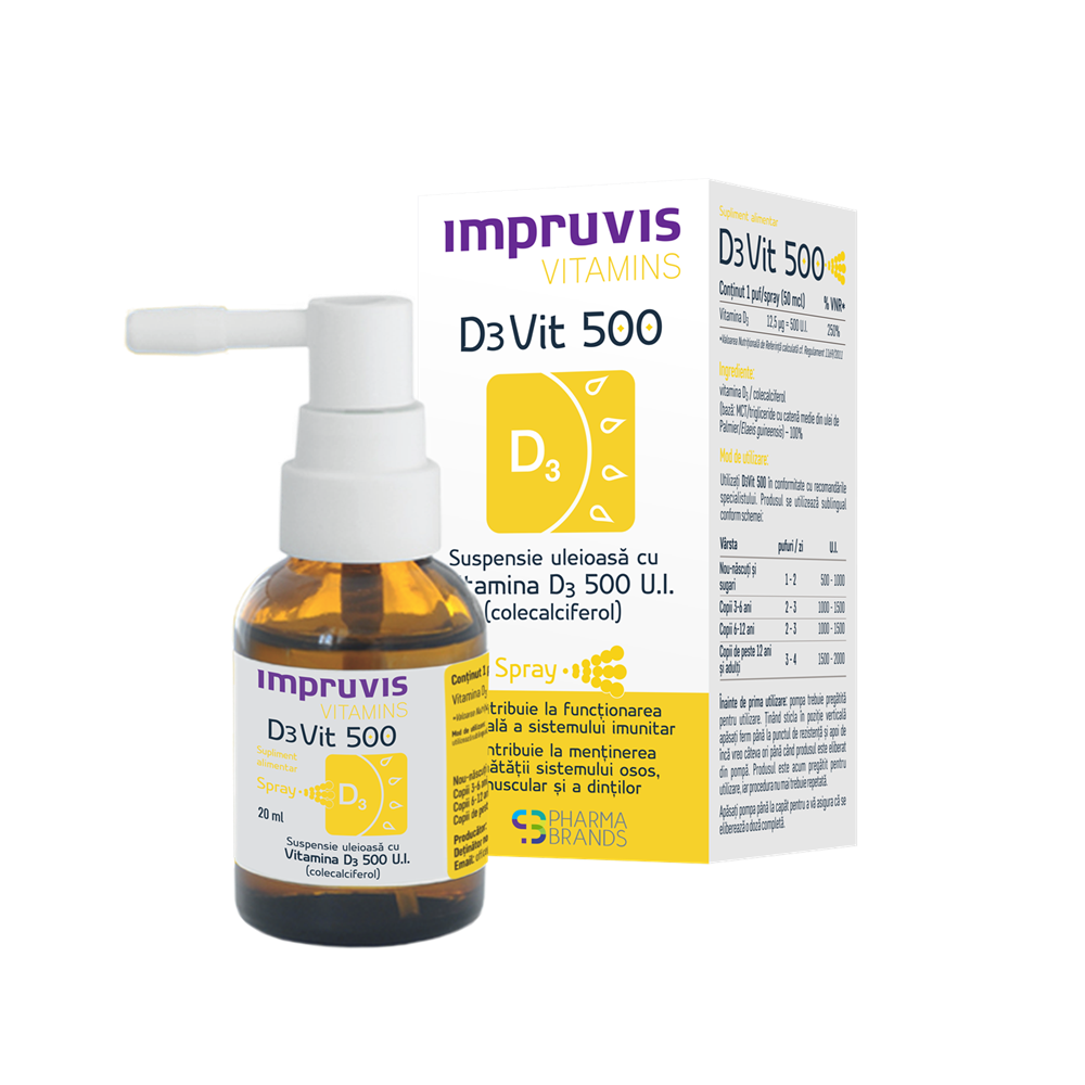 Suspensie uleioasa cu Vitamina D3 500 U.I. spray Impruvis D3Vit, 20 ml, Pharma Brands