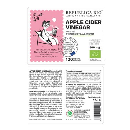Otet din cidru de mere ecologic, 500 mg, 120 capsule, Republica Bio 701851