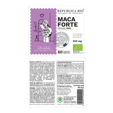 Maca Forte ecologica, 650 mg, 60 capsule vegetale, Republica Bio 701837