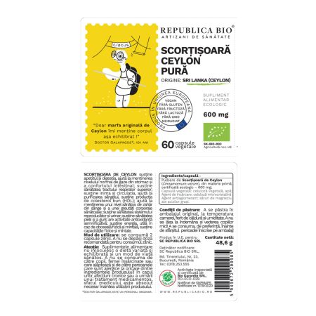 Scortisoara Ceylon pura ecologica, 600 mg, 60 capsule vegetale, Republica Bio 701808