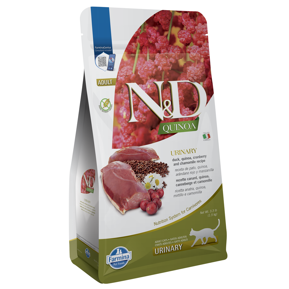 Hrana uscata cu rata, quinoa si merisoare pentru pisici N&D Quinoa Urinary, 1500 g, Farmina