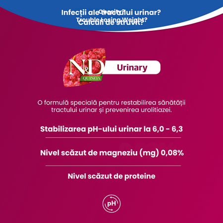 Hrana uscata cu rata, quinoa si merisoare pentru pisici N&D Quinoa Urinary, 1500 g, Farmina 700806