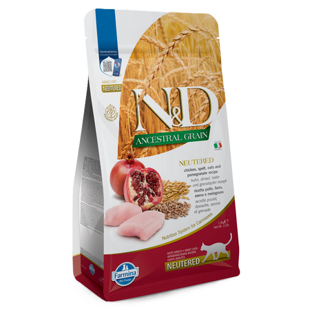 Hrana uscata cu pui, ovaz si rodie N&D Ancestral Grain Neutered, 1500 g, Farmina